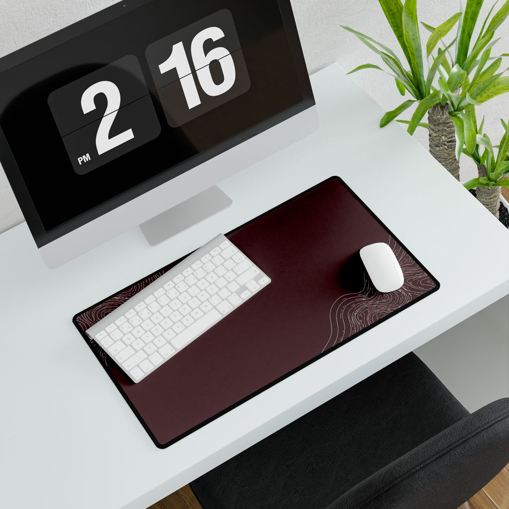 Printify preview: Minimal Oxblood Platinum, 23.6 × 13.8 inches, angled desk view with keyboard and mouse.