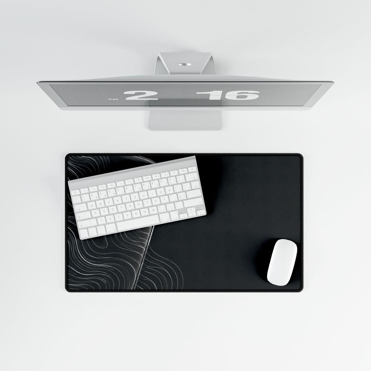 Printify preview: overhead view of Charcoal Optic, 23.6 × 13.8 inches, with keyboard and mouse.