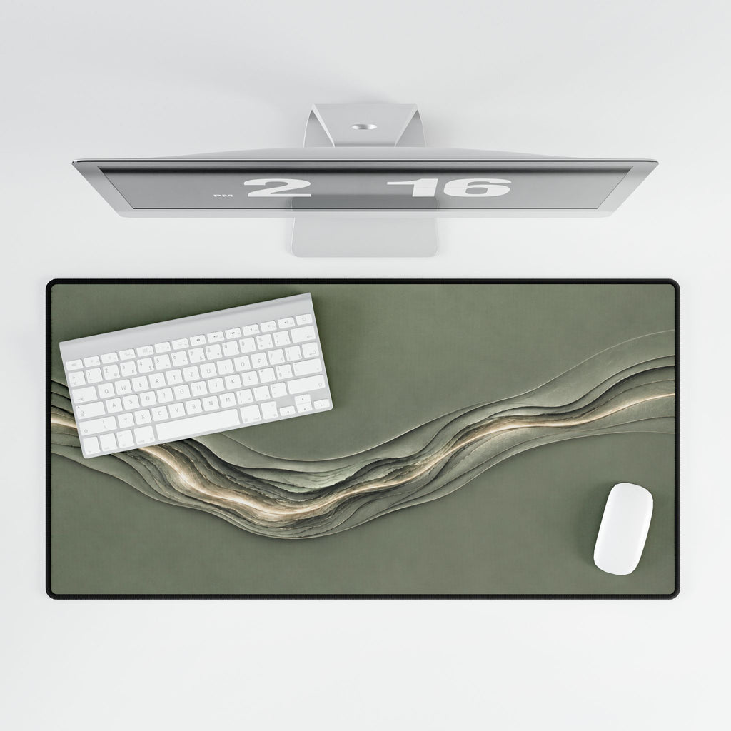 Printify preview: Sage Radiance, 31.5 × 15.5 inches, overhead desk view with keyboard and mouse.