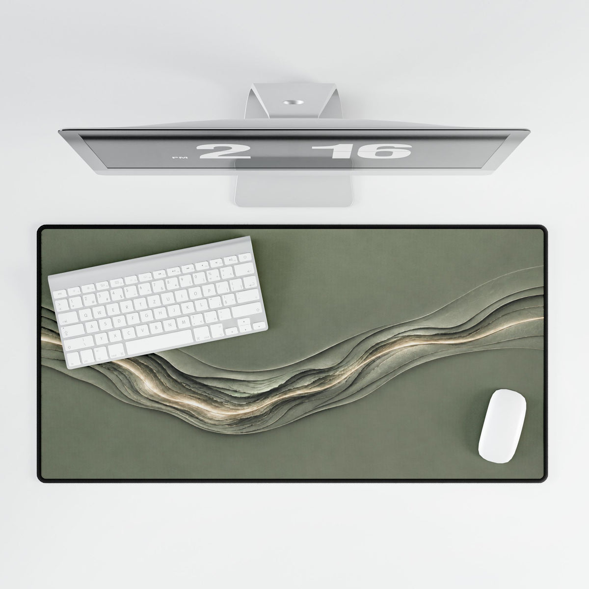 Printify preview: Sage Radiance, 31.5 × 15.5 inches, overhead desk view with keyboard and mouse.