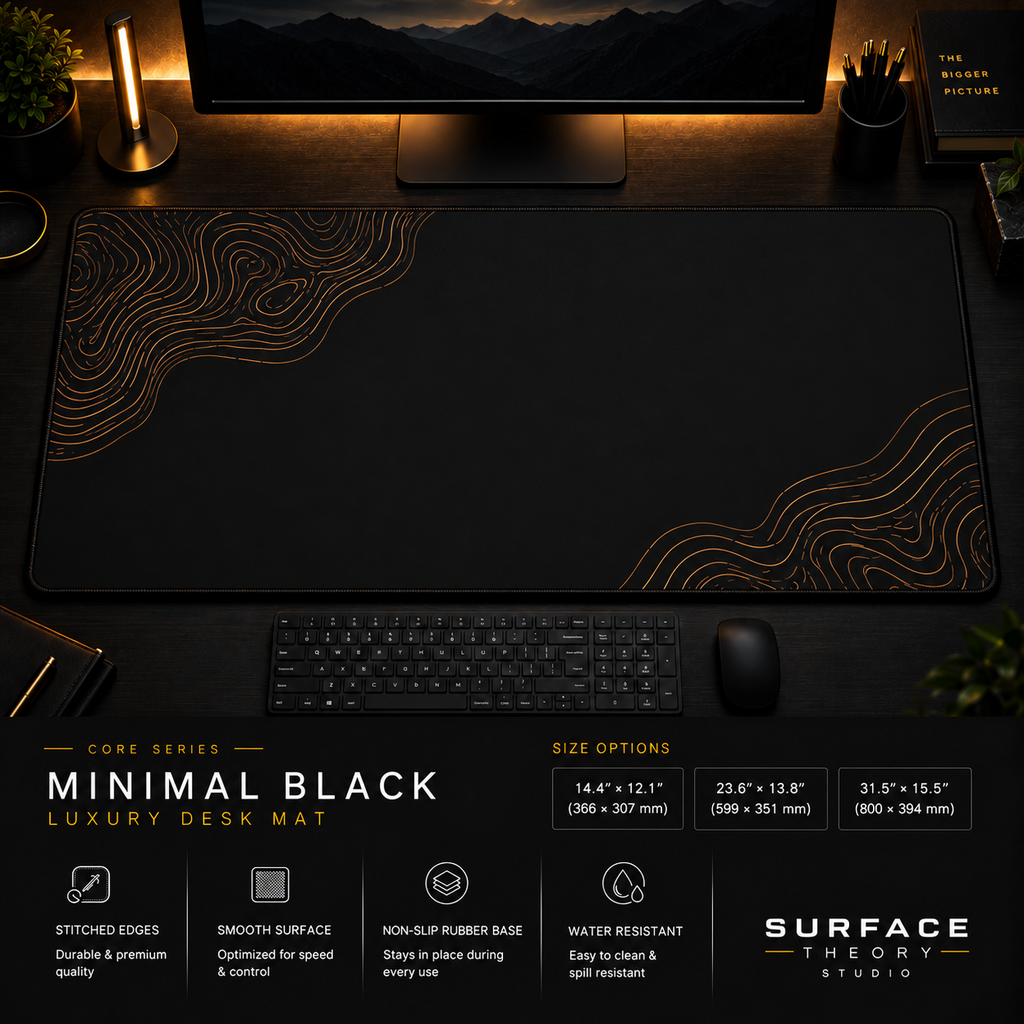 Minimal Black desk mat in a dark workstation with a keyboard, mouse and warm monitor lighting.