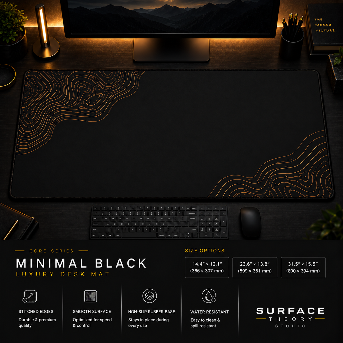 Minimal Black desk mat in a dark workstation with a keyboard, mouse and warm monitor lighting.