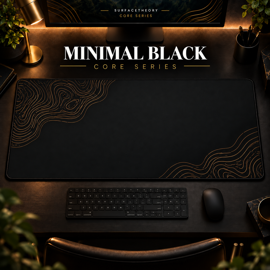 Minimal Black desk mat with muted gold-toned contour lines on black, shown in a warm, dark desk setup.