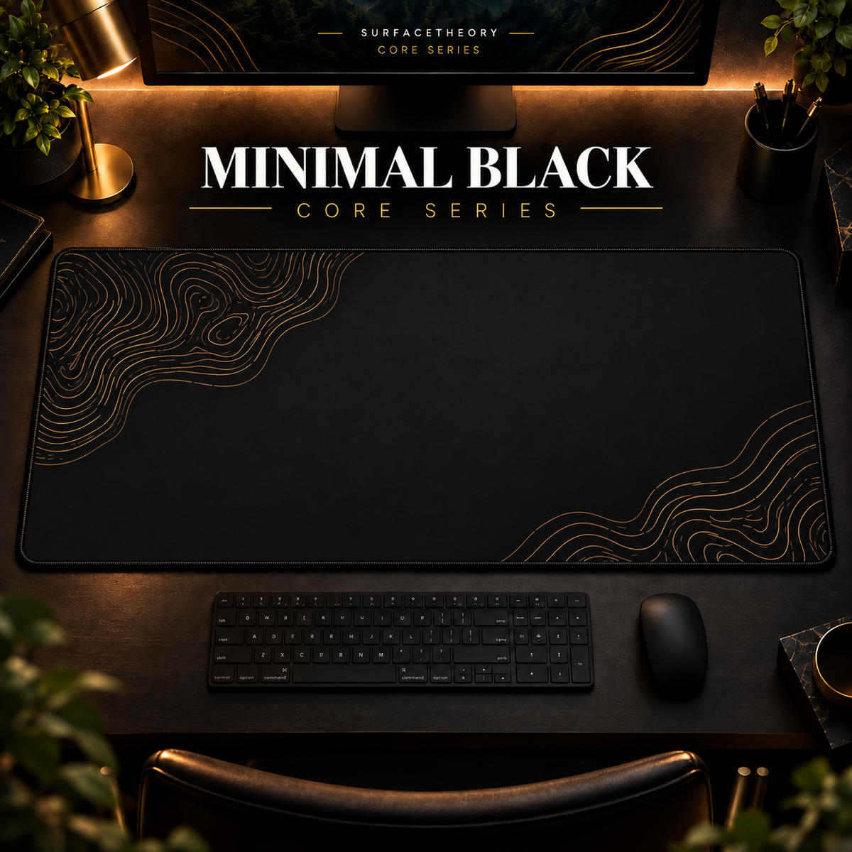 Minimal Black desk mat with muted gold-toned contour lines on black, shown in a warm, dark desk setup.