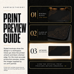 Minimal Black print preview guide comparing styled mockups, printed detail and artwork reference.
