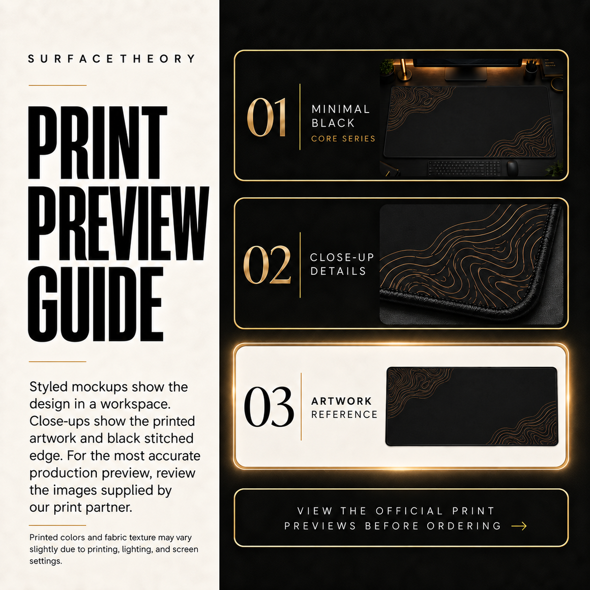 Minimal Black print preview guide comparing styled mockups, printed detail and artwork reference.