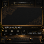Minimal Black desk mat in a gold-toned display frame above a keyboard.