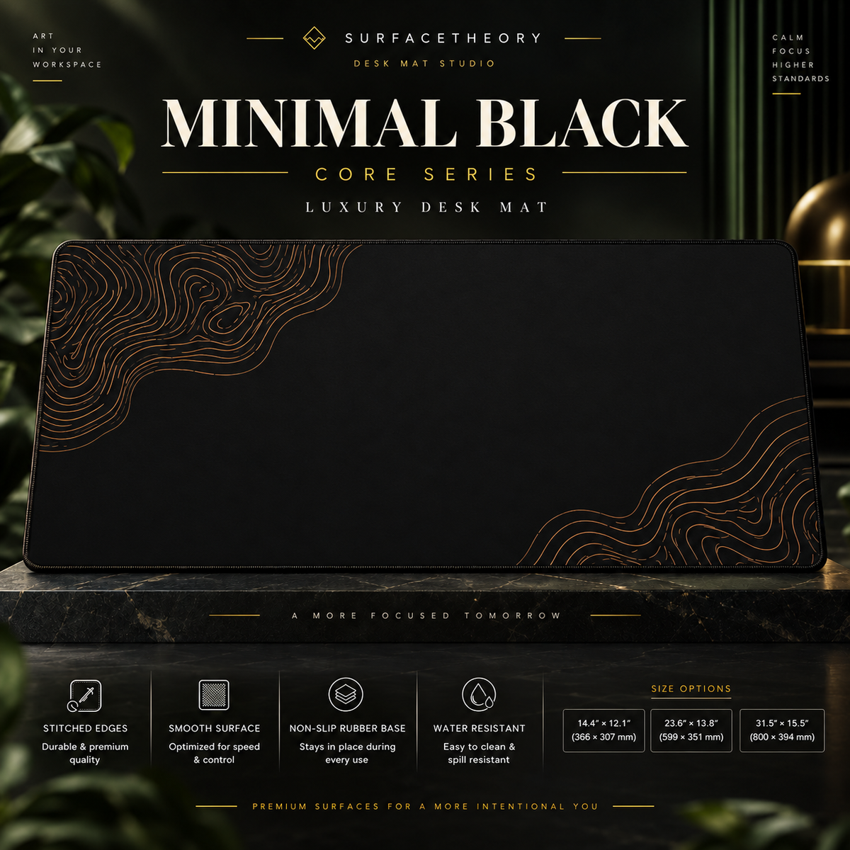 Minimal Black desk mat on a stone display with size and product-detail information.