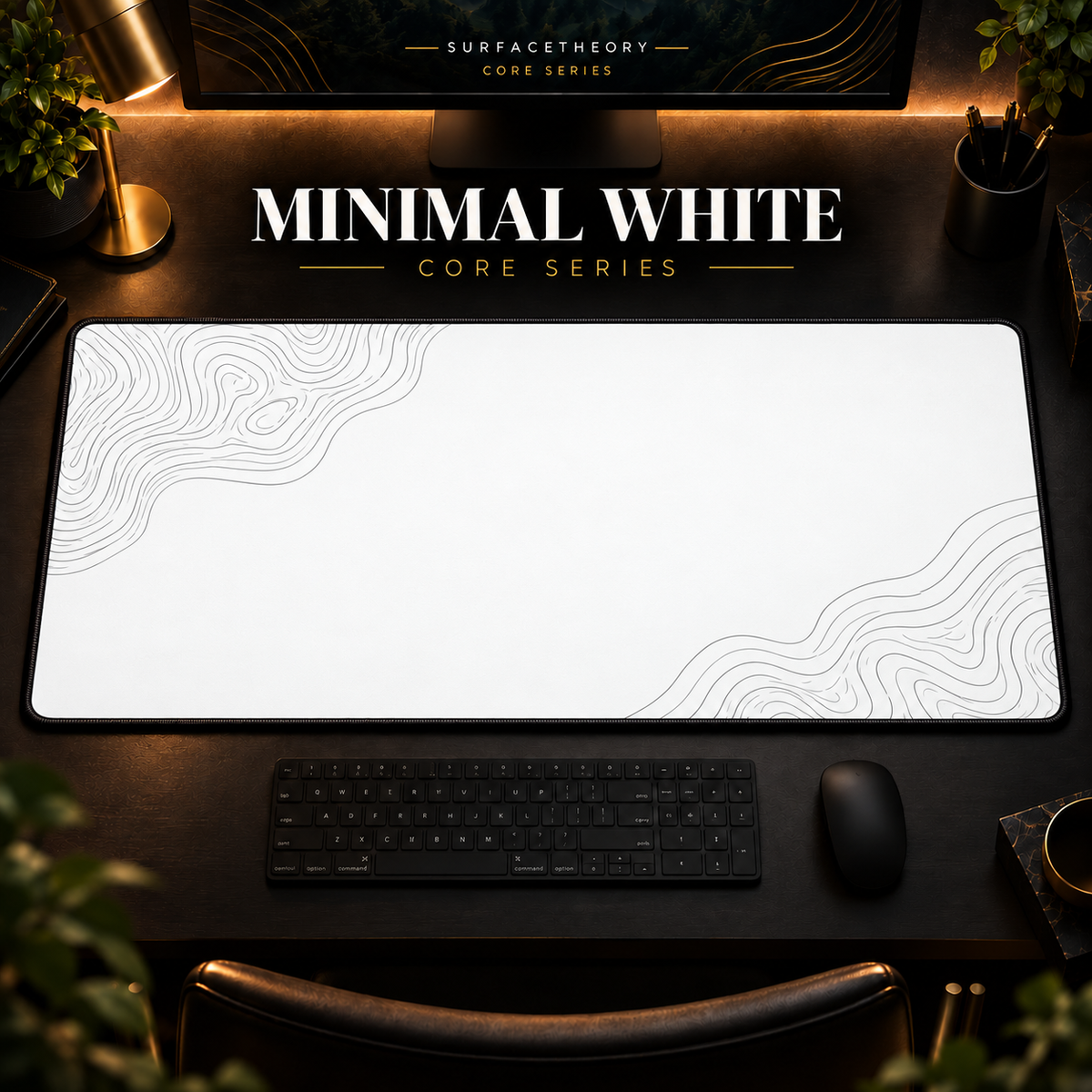 Minimal White desk mat with grey contour lines on white, shown in a warm, dark desk setup.