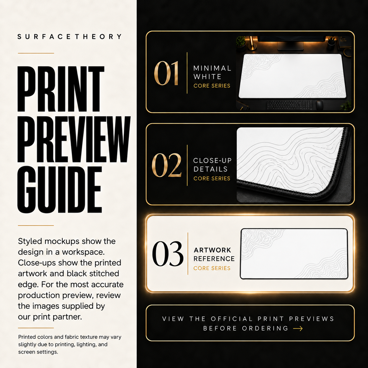 Minimal White print preview guide comparing styled mockups, printed detail and artwork reference.
