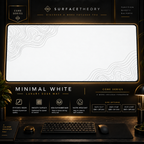 Minimal White desk mat in a gold-toned display frame above a keyboard.