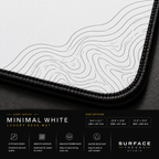 Close-up of Minimal White's printed contour lines, fabric surface and black stitched corner.