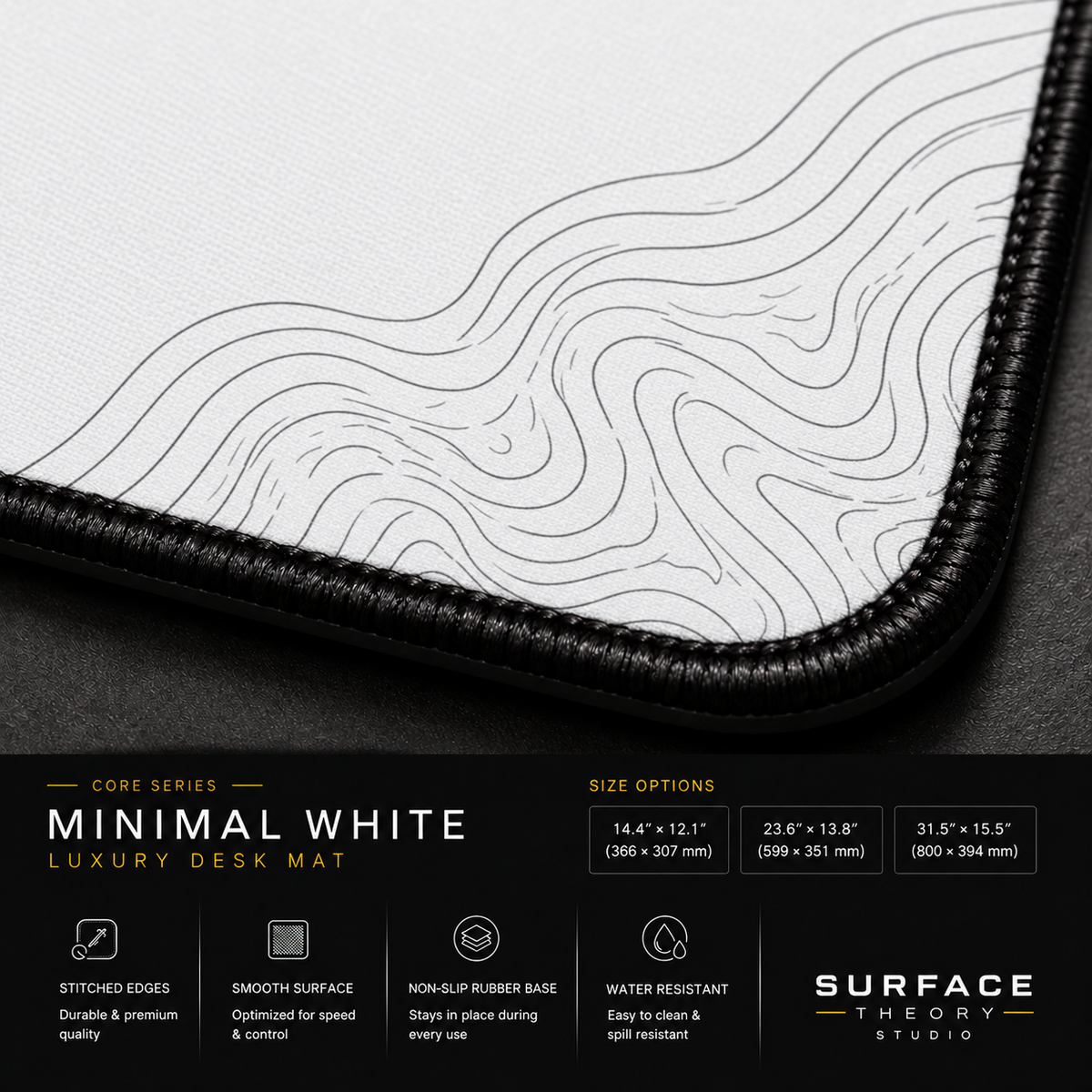 Close-up of Minimal White's printed contour lines, fabric surface and black stitched corner.