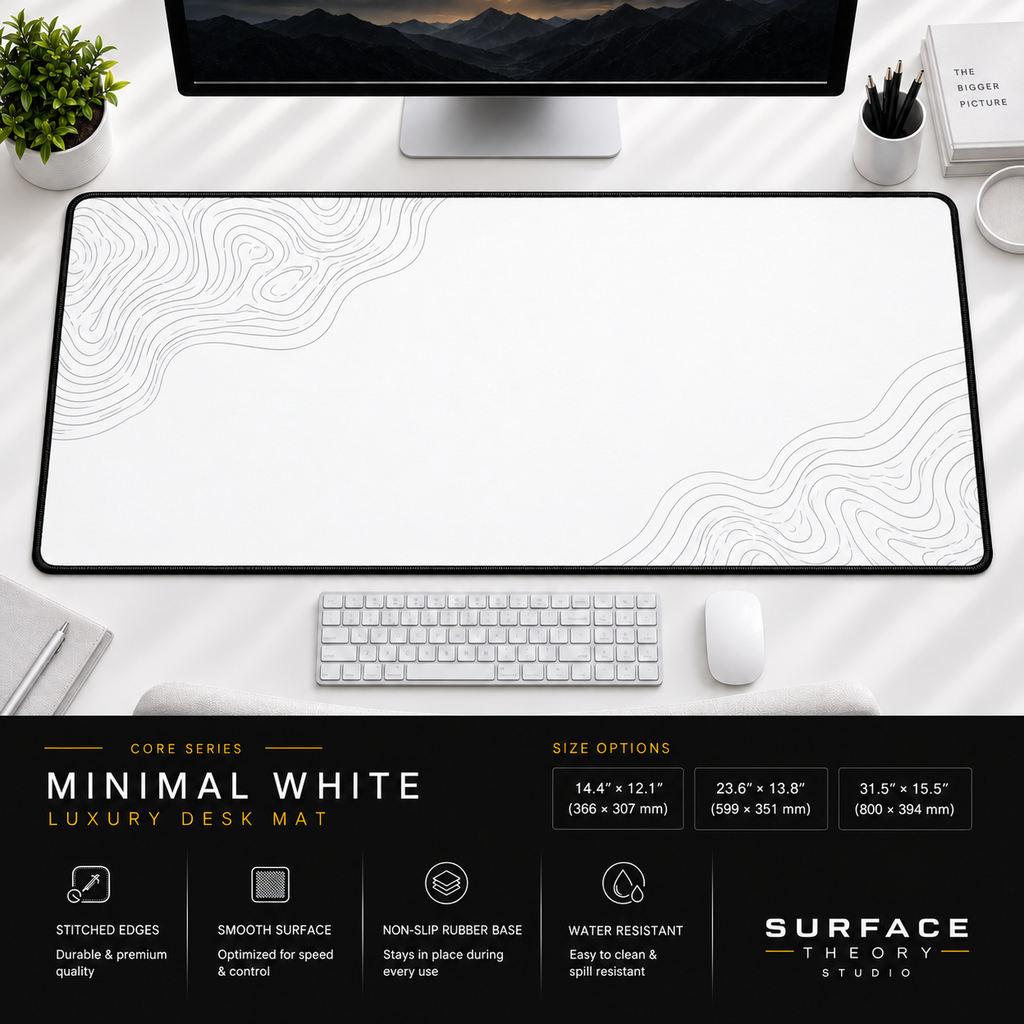 Minimal White desk mat beneath a monitor on a bright desk with a white keyboard and mouse.