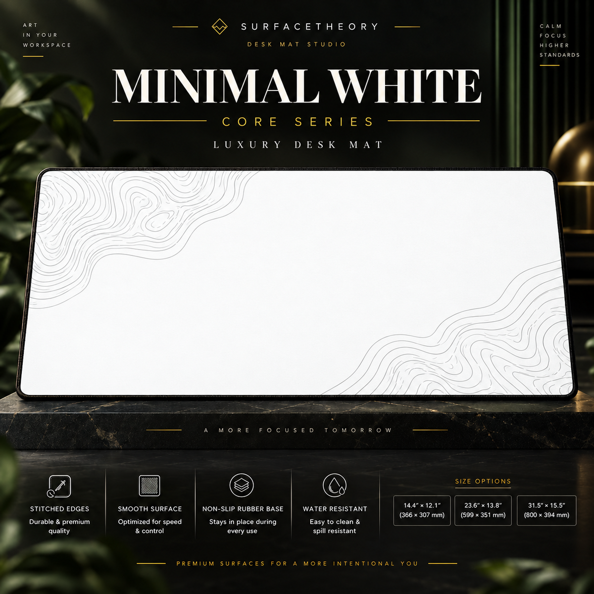 Minimal White desk mat on a stone display with size and product-detail information.