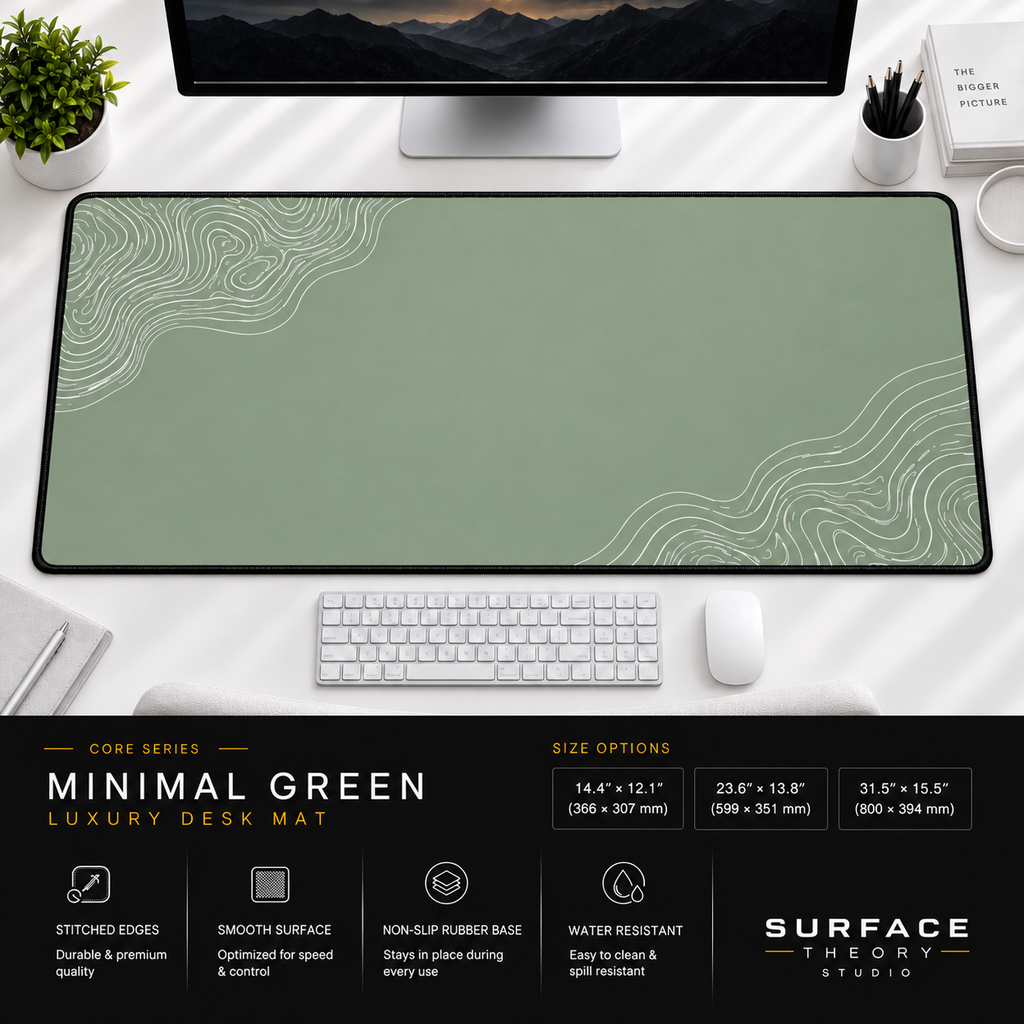 Minimal Green desk mat beneath a monitor on a bright desk with a white keyboard and mouse.