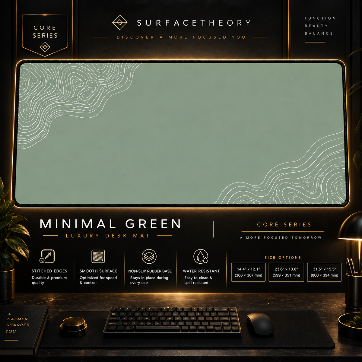 Minimal Green desk mat in a gold-toned display frame above a keyboard.