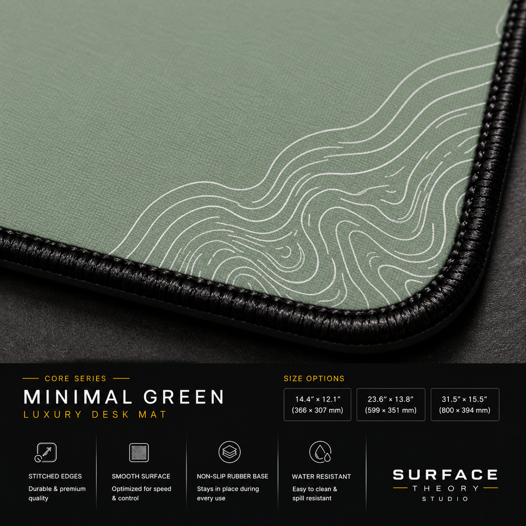 Close-up of Minimal Green's printed contour lines, fabric surface and black stitched corner.