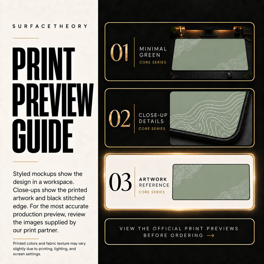 Minimal Green print preview guide comparing styled mockups, printed detail and artwork reference.
