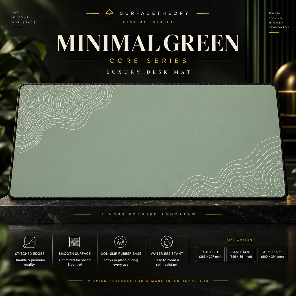 Minimal Green desk mat on a stone display with size and product-detail information.