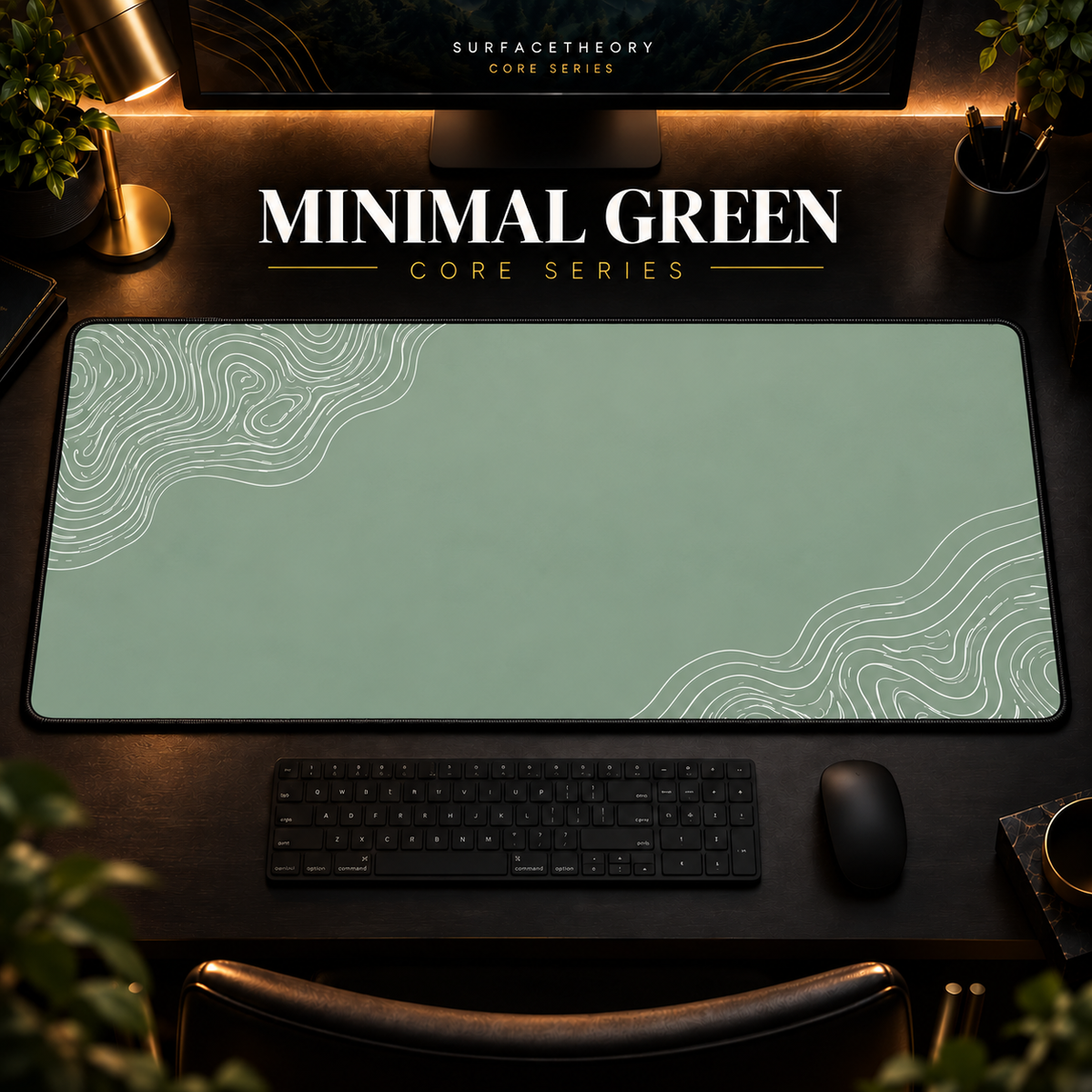 Minimal Green desk mat with pale contour lines on sage green, shown in a warm, dark desk setup.