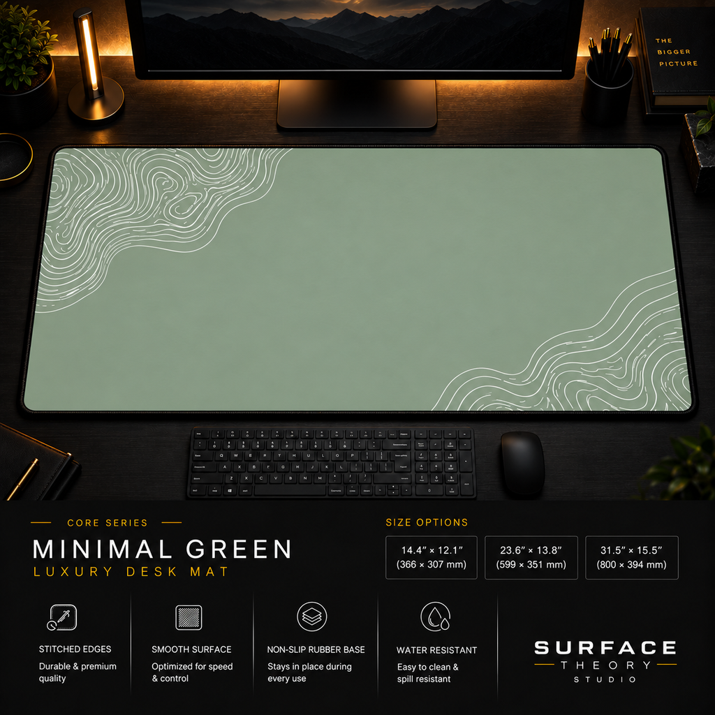 Minimal Green desk mat in a dark workstation with a keyboard, mouse and warm monitor lighting.