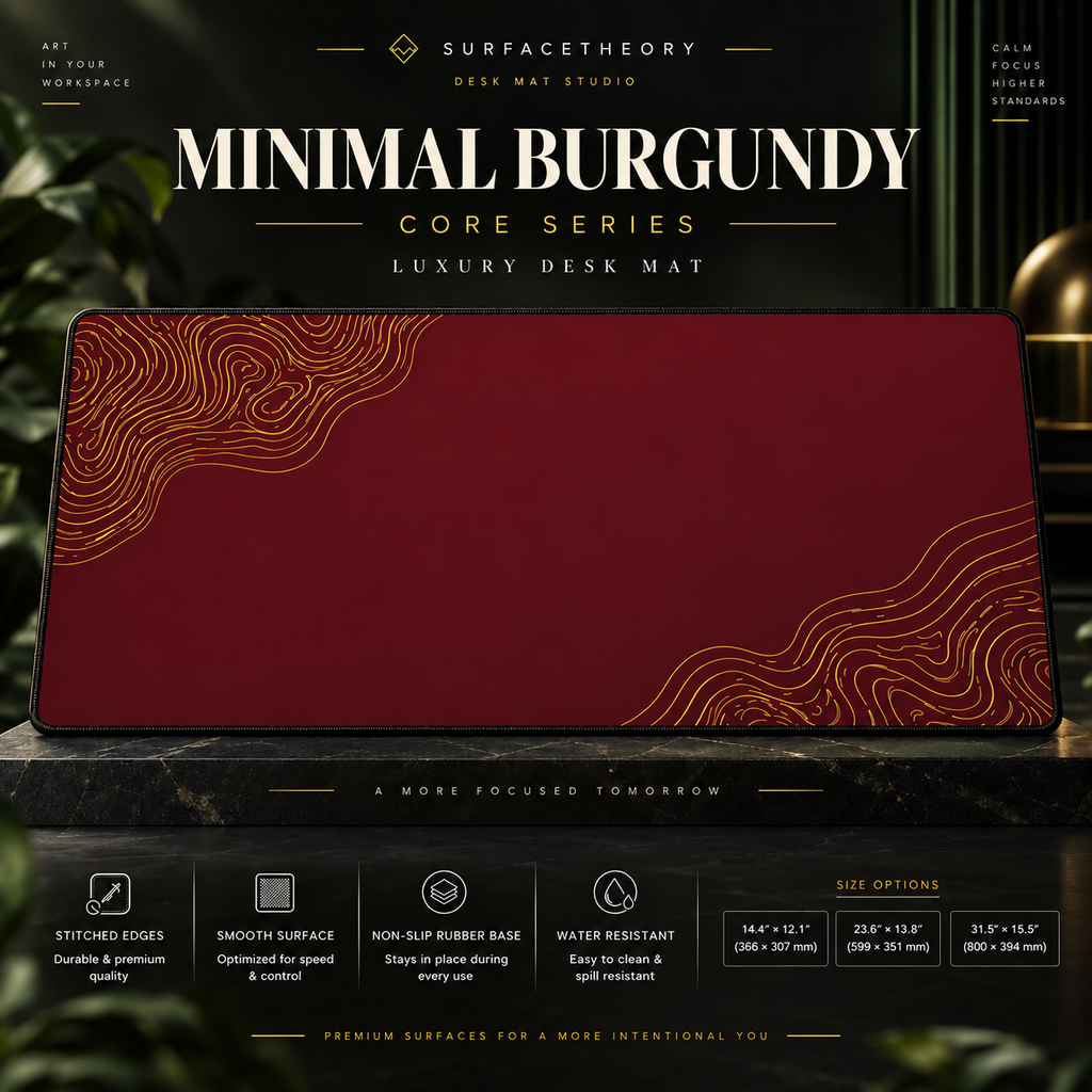 Minimal Burgundy desk mat on a stone display with size and product-detail information.