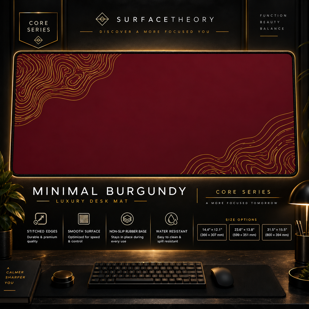 Minimal Burgundy desk mat in a gold-toned display frame above a keyboard.
