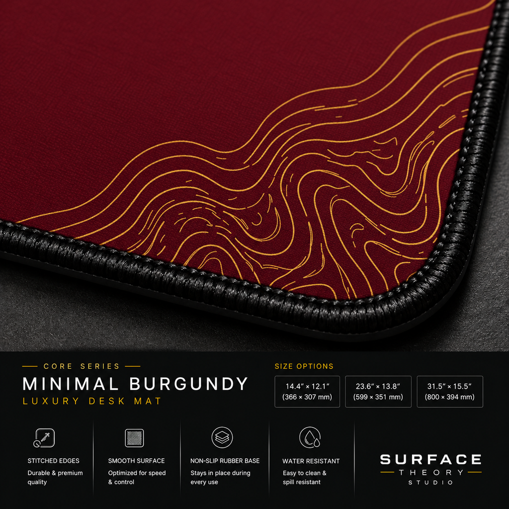 Close-up of Minimal Burgundy's printed contour lines, fabric surface and black stitched corner.