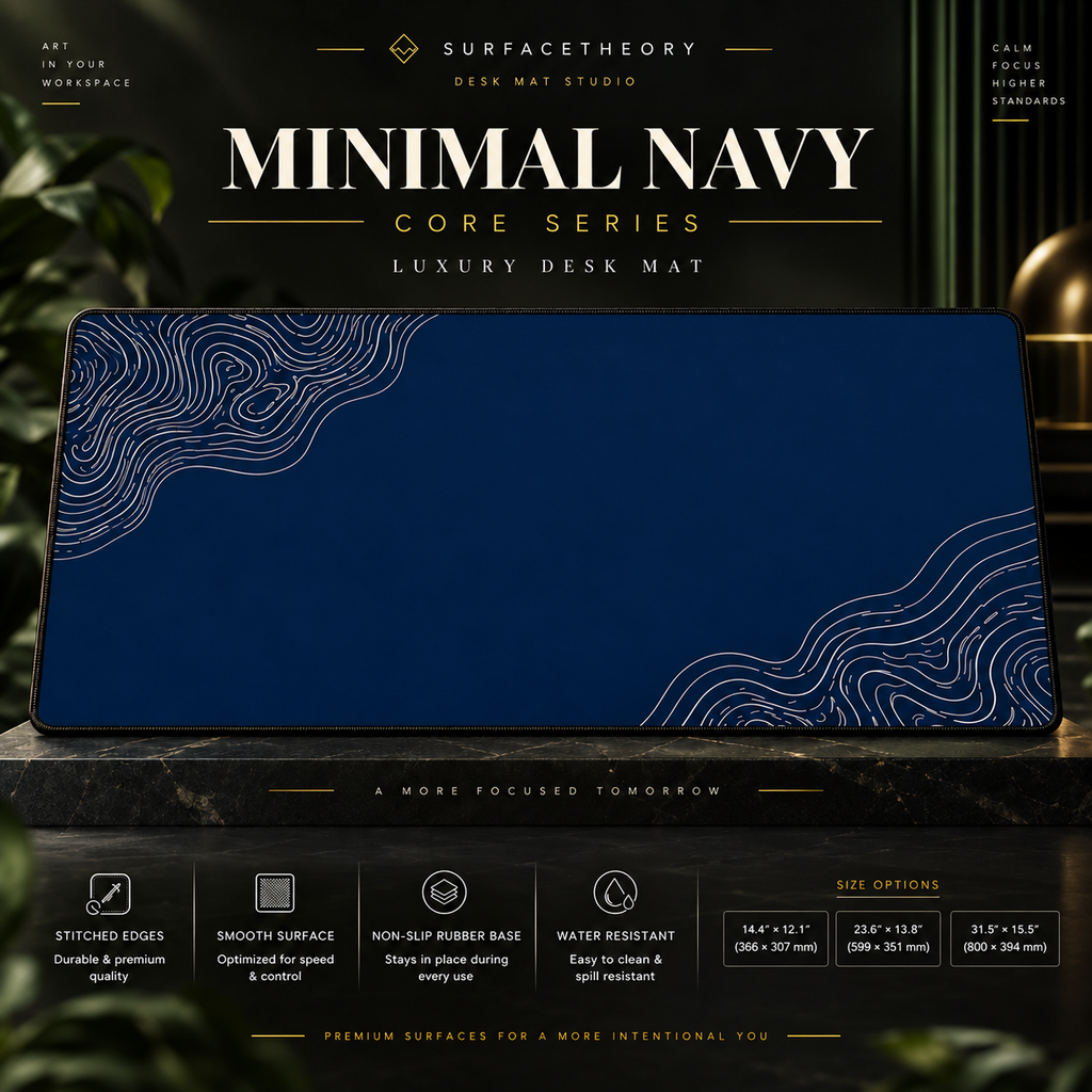 Minimal Navy desk mat on a stone display with size and product-detail information.