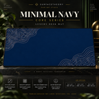 Minimal Navy desk mat on a stone display with size and product-detail information.