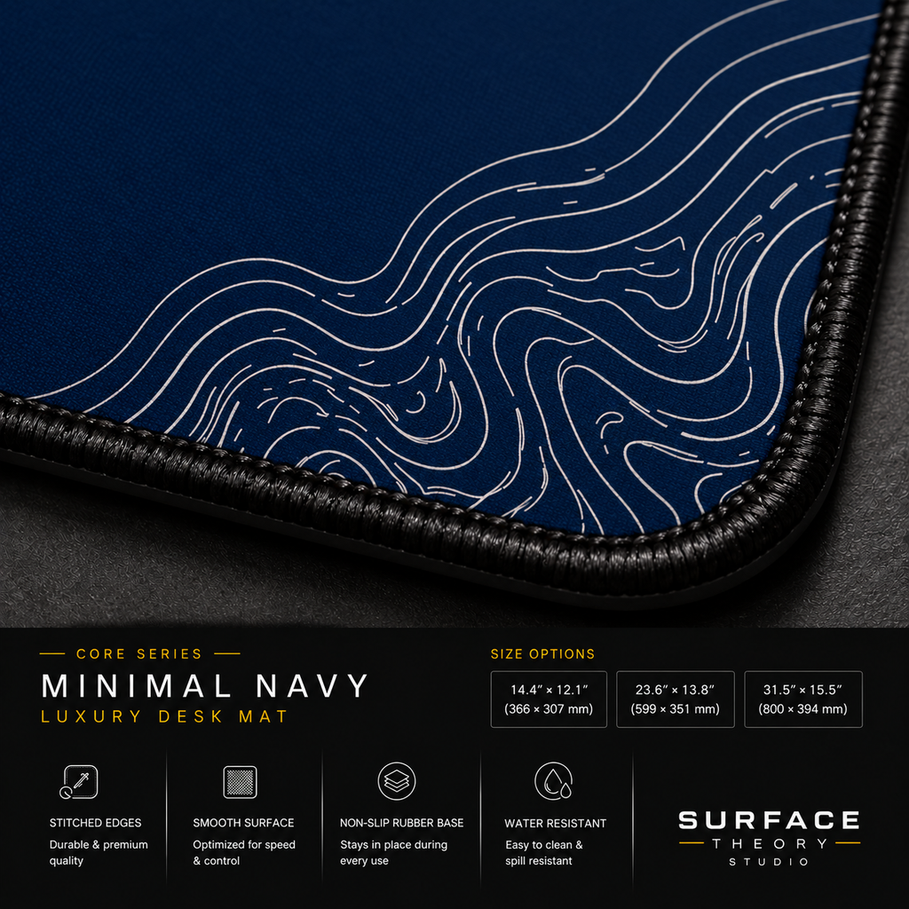 Close-up of Minimal Navy's printed contour lines, fabric surface and black stitched corner.
