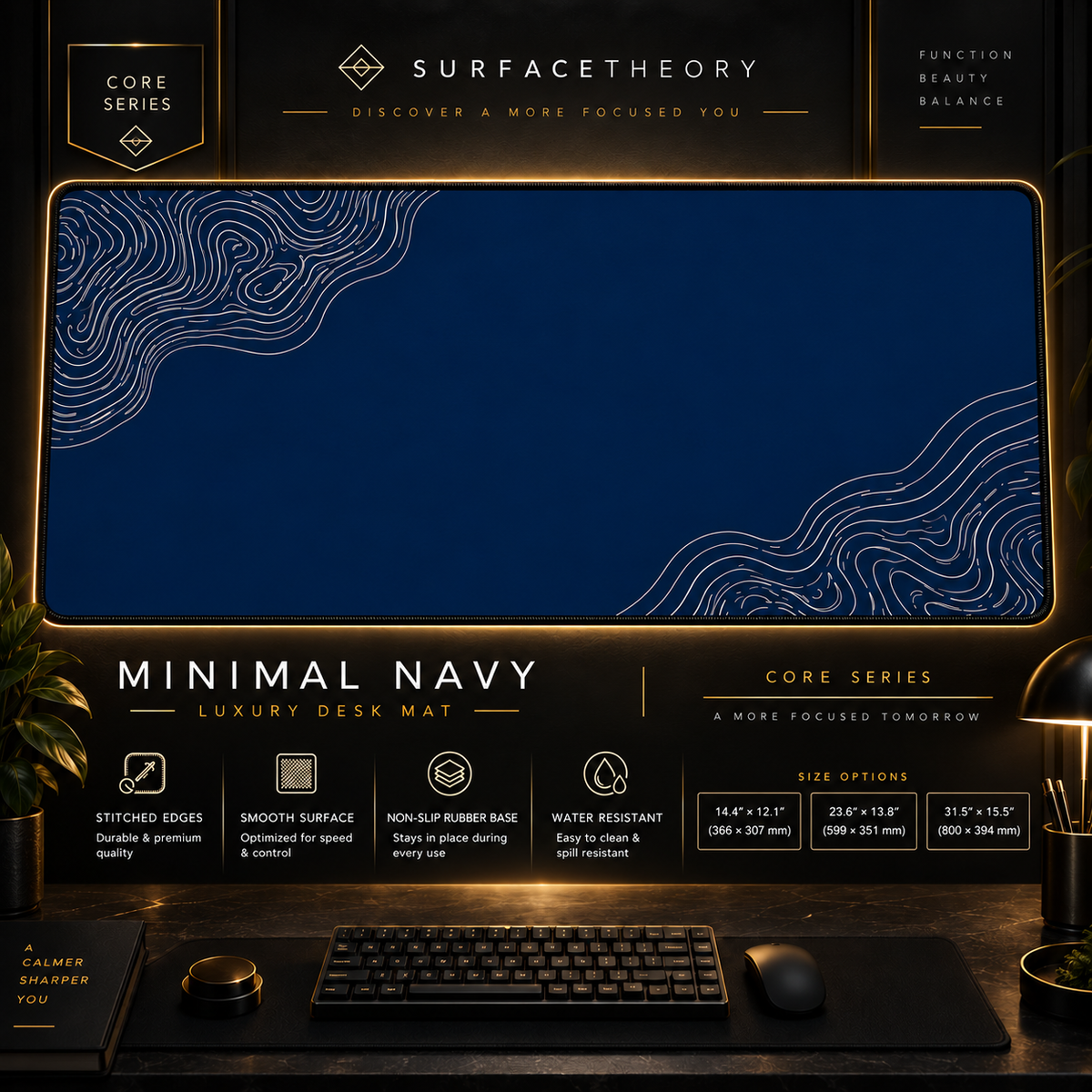 Minimal Navy desk mat in a gold-toned display frame above a keyboard.
