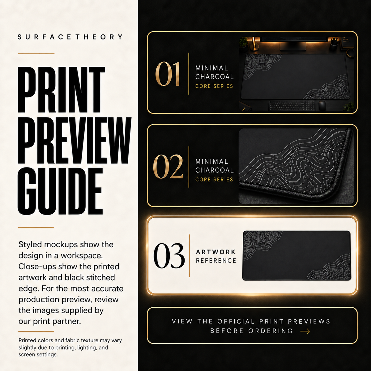 Minimal Charcoal print preview guide comparing styled mockups, printed detail and artwork reference.