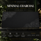 Minimal Charcoal desk mat on a stone display with size and product-detail information.