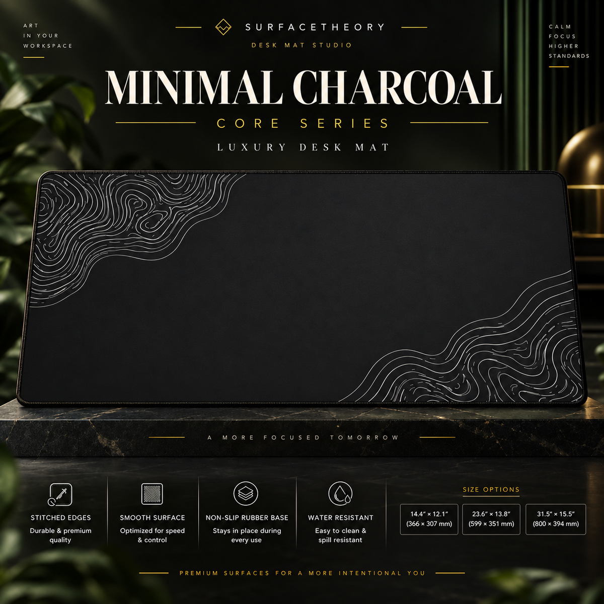 Minimal Charcoal desk mat on a stone display with size and product-detail information.