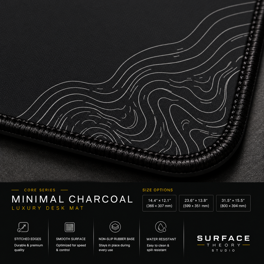 Close-up of Minimal Charcoal's printed contour lines, fabric surface and black stitched corner.
