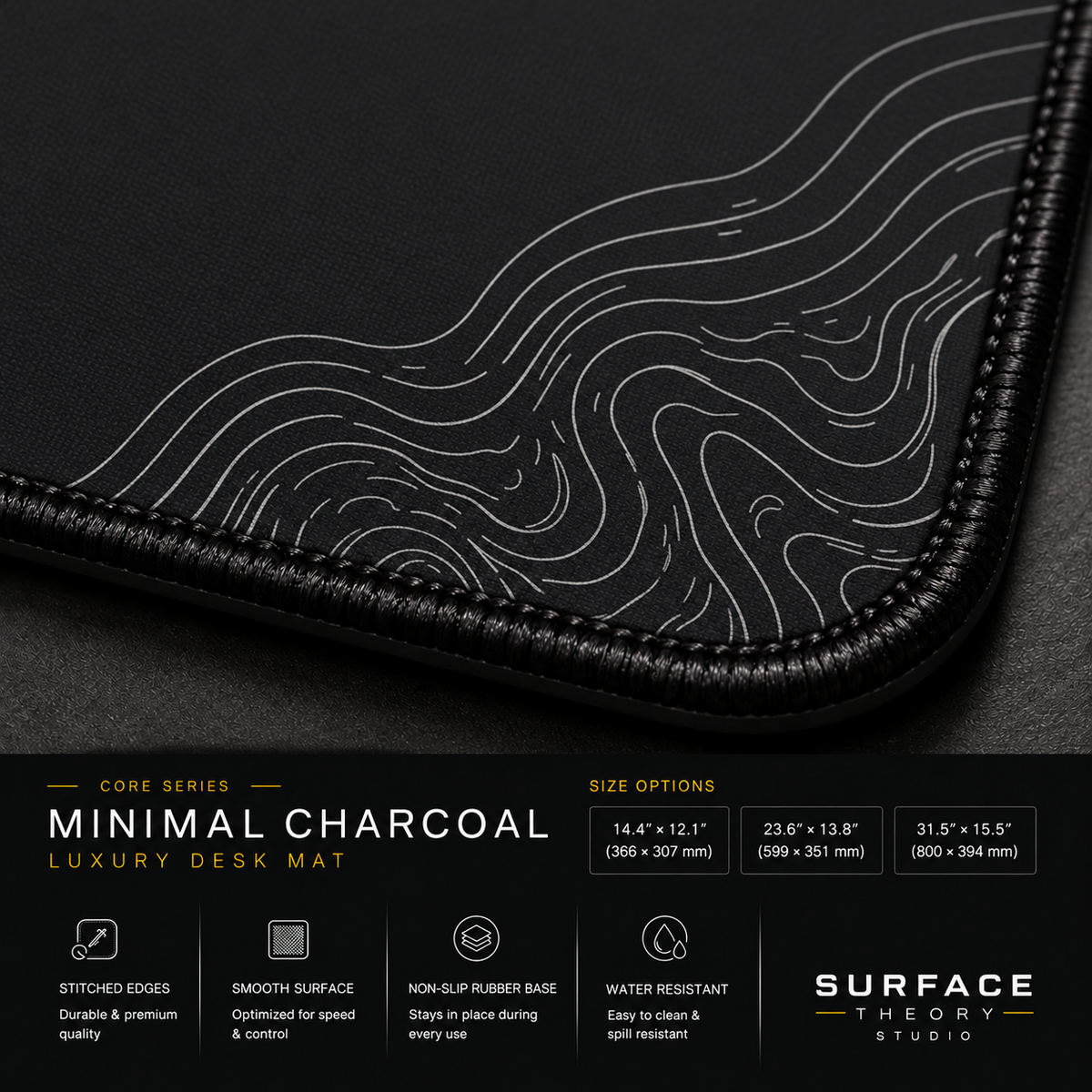Close-up of Minimal Charcoal's printed contour lines, fabric surface and black stitched corner.