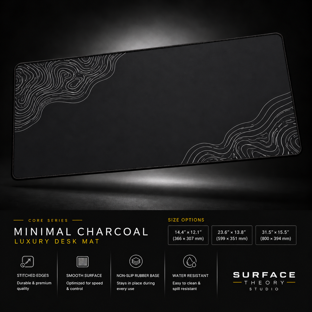 Minimal Charcoal desk mat floating against a dark studio background.