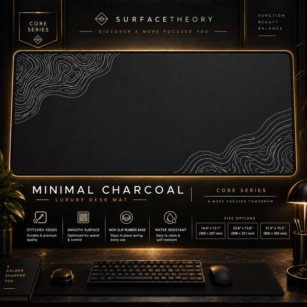 Minimal Charcoal desk mat in a gold-toned display frame above a keyboard.