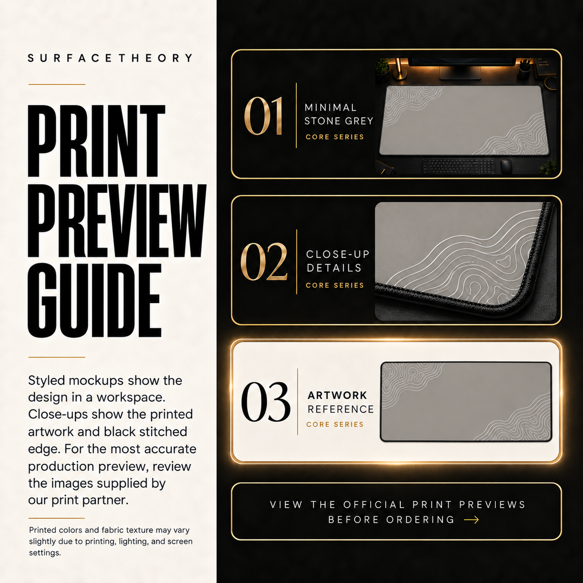 Minimal Stone Grey print preview guide comparing styled mockups, printed detail and artwork reference.
