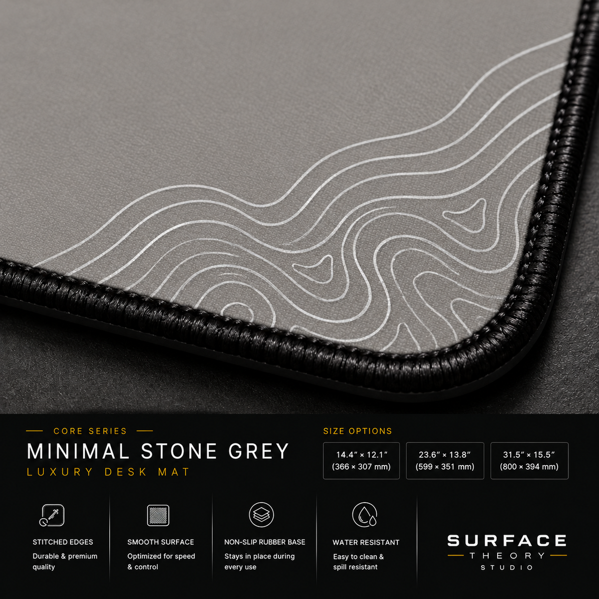 Close-up of Minimal Stone Grey's printed contour lines, fabric surface and black stitched corner.