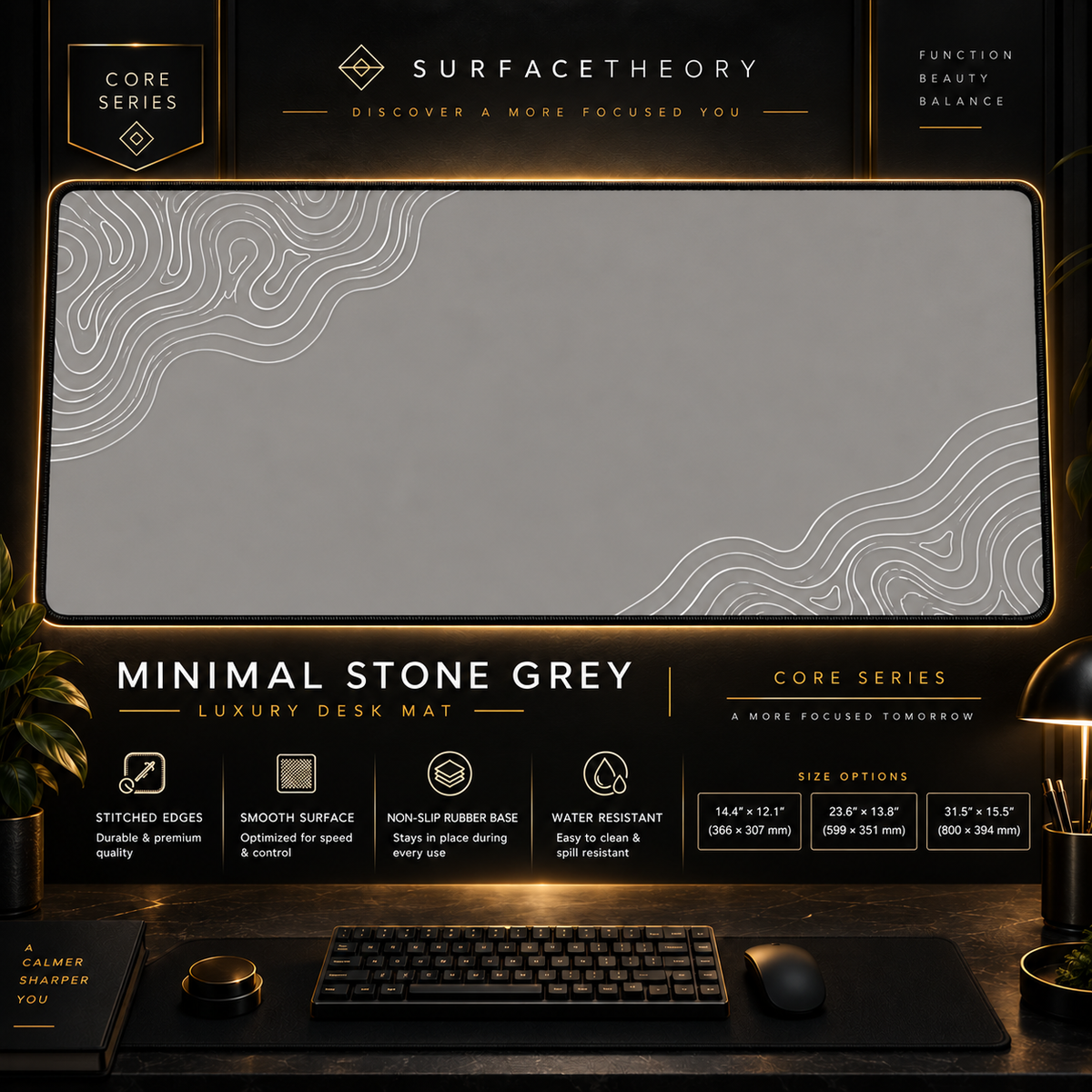 Minimal Stone Grey desk mat in a gold-toned display frame above a keyboard.