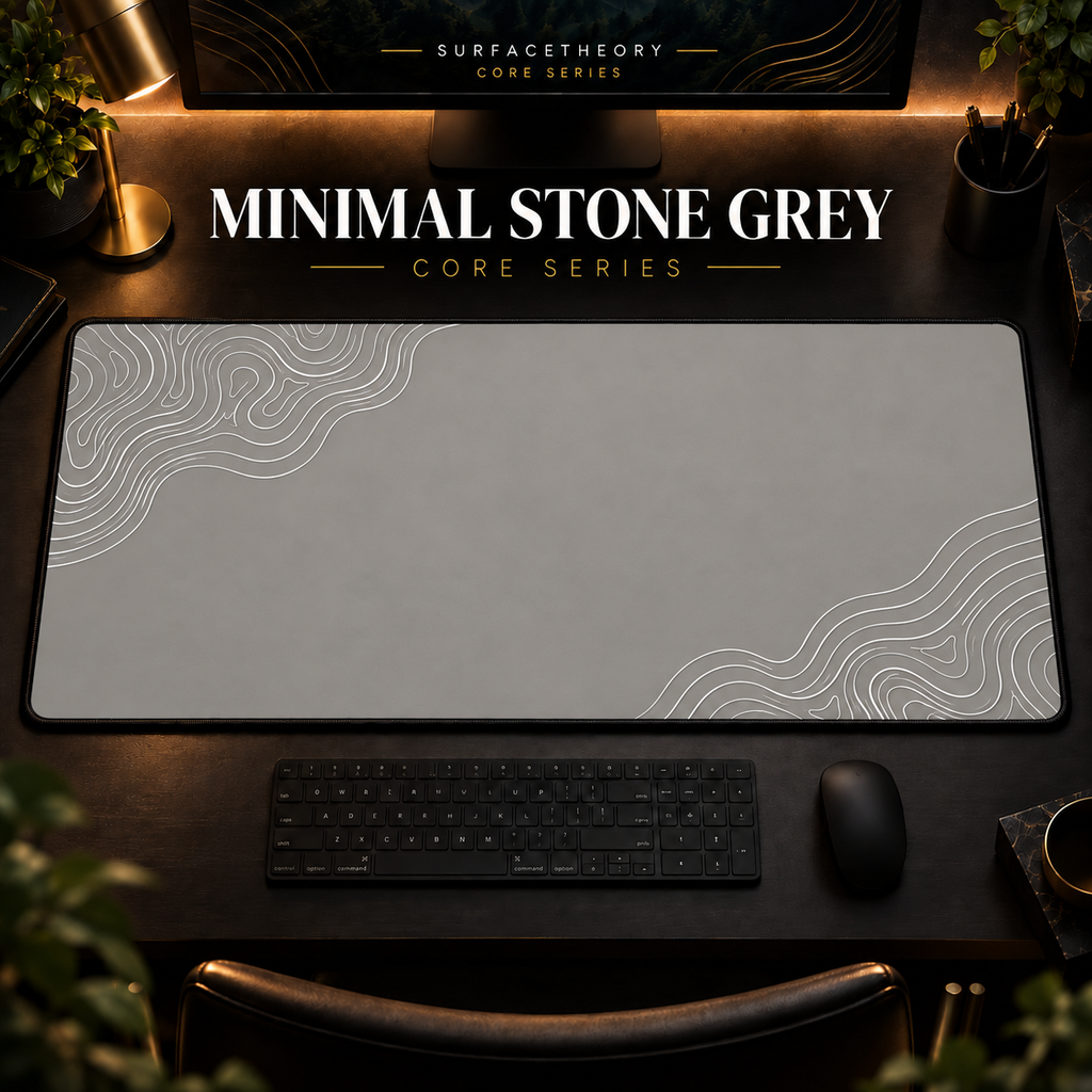 Minimal Stone Grey desk mat with white contour lines on warm grey, shown in a warm, dark desk setup.