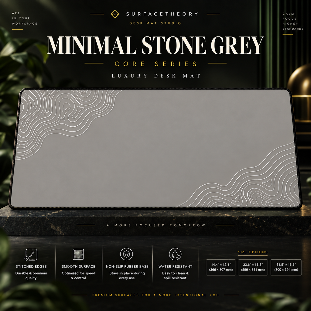 Minimal Stone Grey desk mat on a stone display with size and product-detail information.