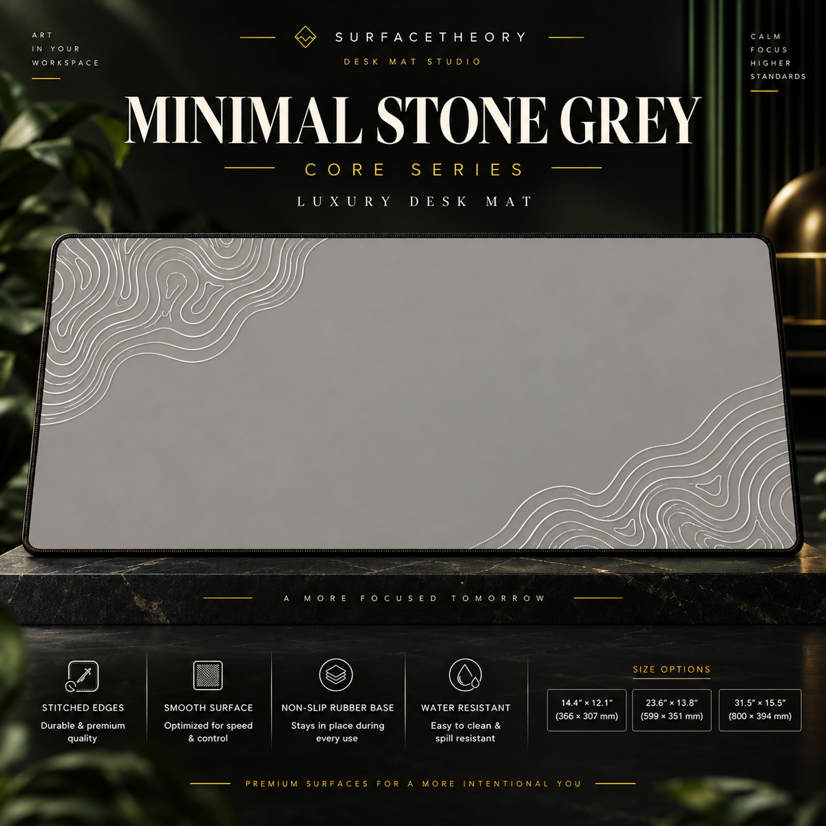 Minimal Stone Grey desk mat on a stone display with size and product-detail information.