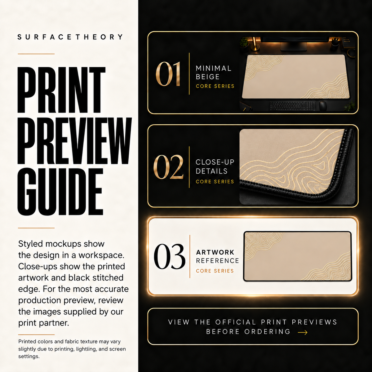 Minimal Beige print preview guide comparing styled mockups, printed detail and artwork reference.