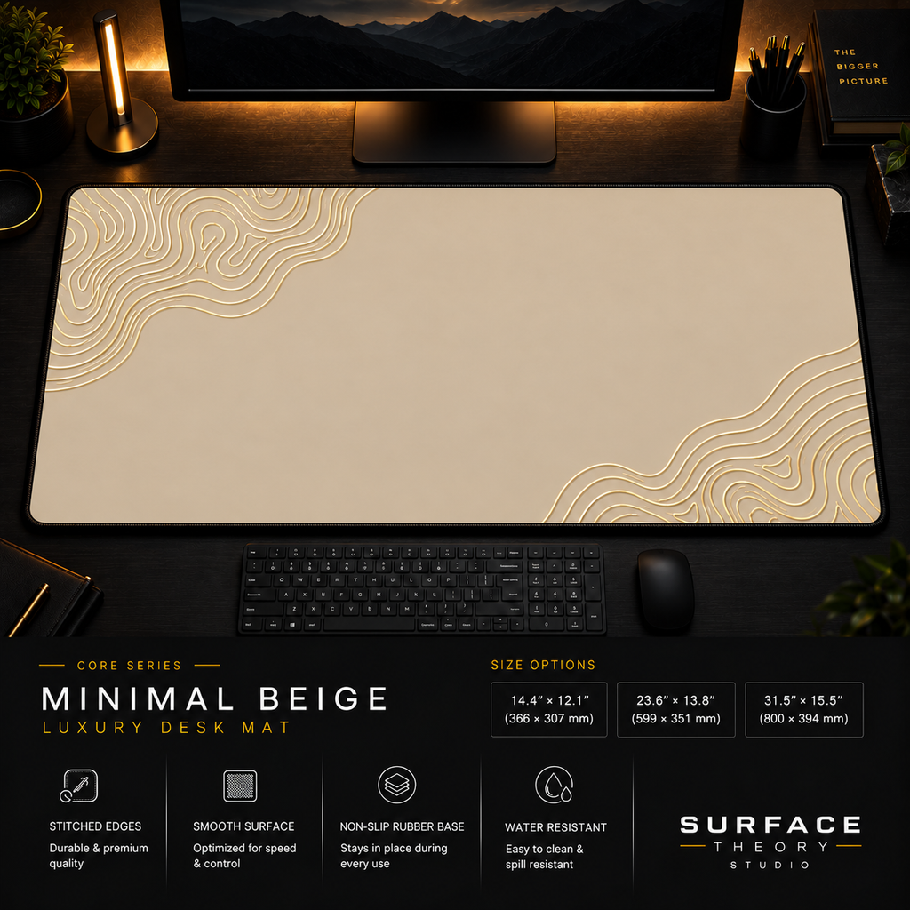 Minimal Beige desk mat in a dark workstation with a keyboard, mouse and warm monitor lighting.