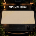 Minimal Beige desk mat with pale gold contour lines on beige, shown in a warm, dark desk setup.