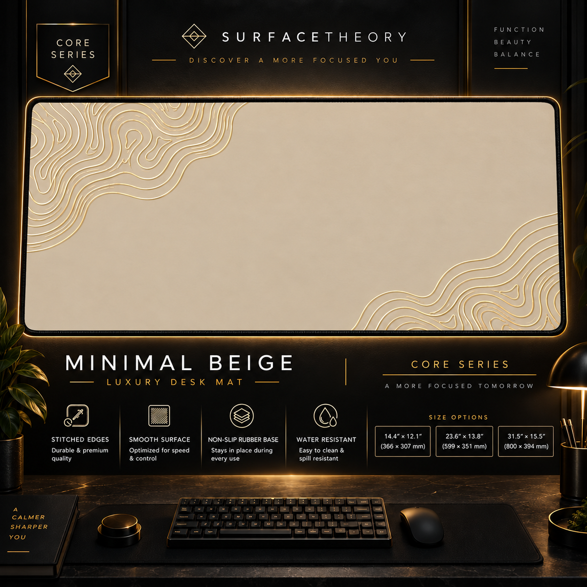 Minimal Beige desk mat in a gold-toned display frame above a keyboard.